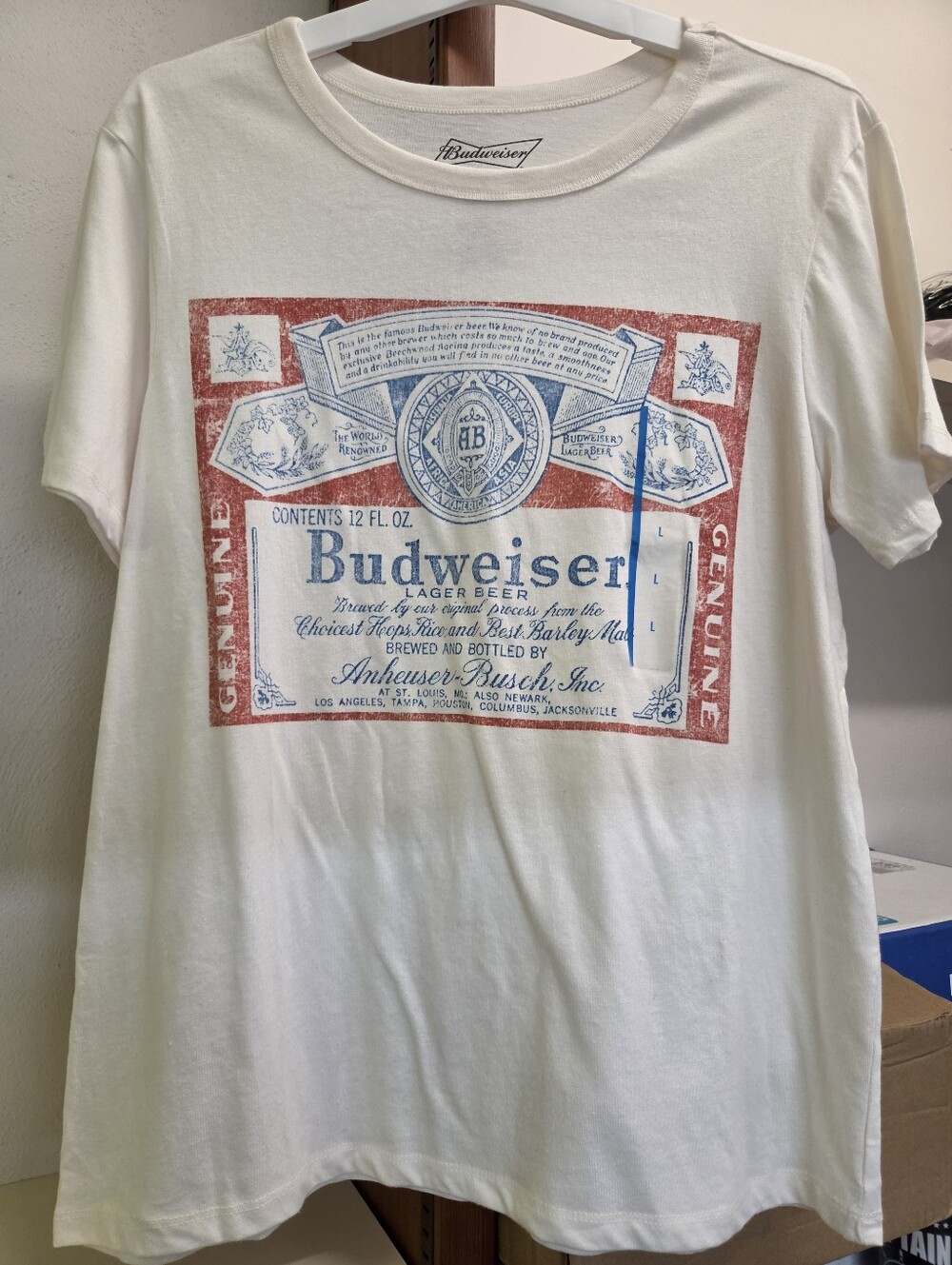 Budweiser White Tee with Red and Blue Label Graphic